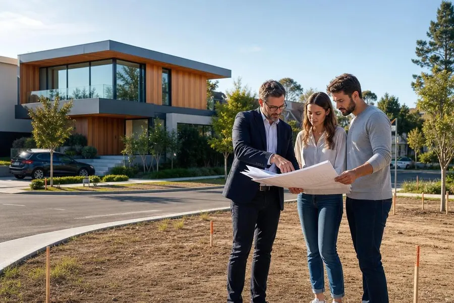 Architekt für Fertighaus Grundstück: Beratung vor Ort Architekt für Fertighaus und Grundstück berät Bauherren-Paar direkt auf dem Eckgrundstück mit Bauplänen – Grundstücksanalyse und Machbarkeitsstudie vor dem Fertighaus-Kauf