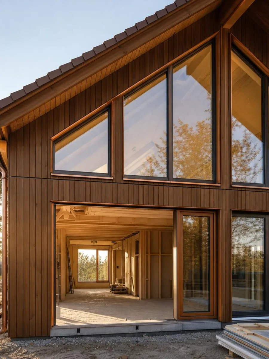 Ausbauhaus in der Ausbaustufe: wetterfeste Gebäudehülle mit Holzfassade, innen noch unfertig mit offenen Wänden und Estrich – vom Bausatzhaus bis bezugsfertig