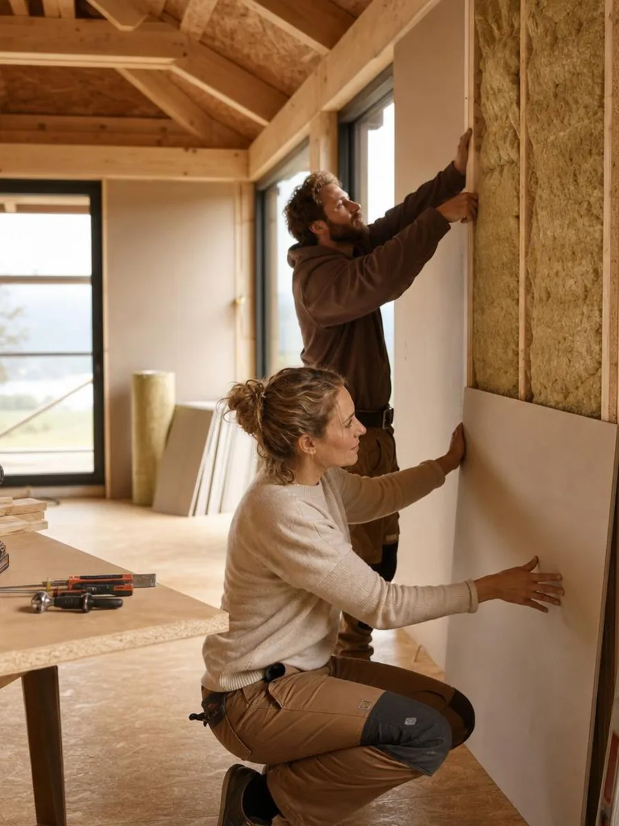 Eigenleistung beim Hausbau: Bauherren beim Innenausbau eines Ausbauhauses mit Trockenbau und Dämmung – Muskelhypothek realistisch planen