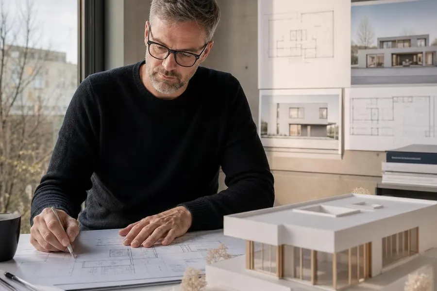 Fertighaus Architekt: individuelles Fertighaus planen Fertighaus Architekt plant individuelles Fertighaus am Schreibtisch: Baupläne und Architekturmodell eines ultramodernen Hauses mit Flachdach – Fertighaus individuell planen lassen