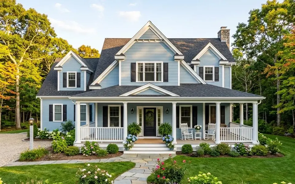 Fertighaus im amerikanischen Stil mit umlaufender weißer Veranda und hellblauer Holzfassade – New-England-Preise 2026 Fertighaus im amerikanischen Stil mit umlaufender weißer Veranda und hellblauer Holzfassade – New-England-Preise 2026