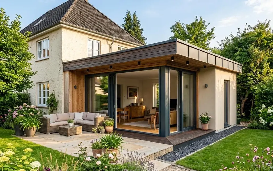 Fertighaus Anbau: moderner Flachdach-Anbau mit Glasfront erweitert ein Bestandshaus zum Garten – Modulpreise 2026
