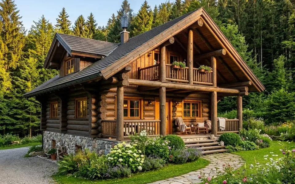 Fertighaus Blockhaus aus massiven Rundstämmen mit überdachter Veranda am Waldrand – Blockhaus-Preise 2026 Fertighaus Blockhaus aus massiven Rundstämmen mit überdachter Veranda am Waldrand – Blockhaus-Preise 2026