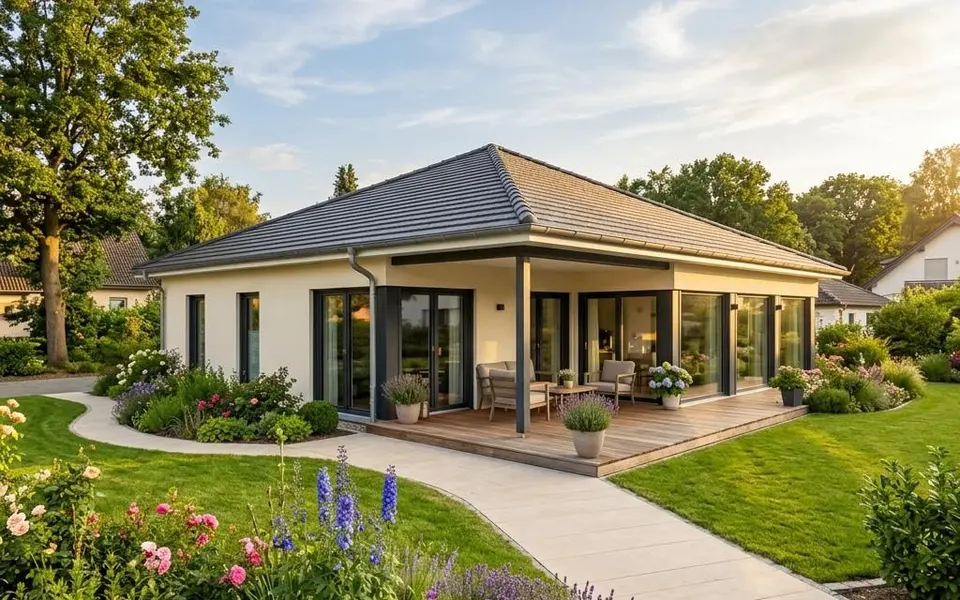 Fertighaus Bungalow: ebenerdiger Neubau mit Walmdach, überdachter Terrasse und stufenlosem Eingang – barrierefrei bauen 2026