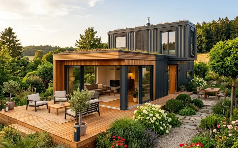Fertighaus Containerhaus mit anthrazitfarbener Fassade, Holzdeck und Glasschiebetür im Industrial-Stil – Kosten 2026