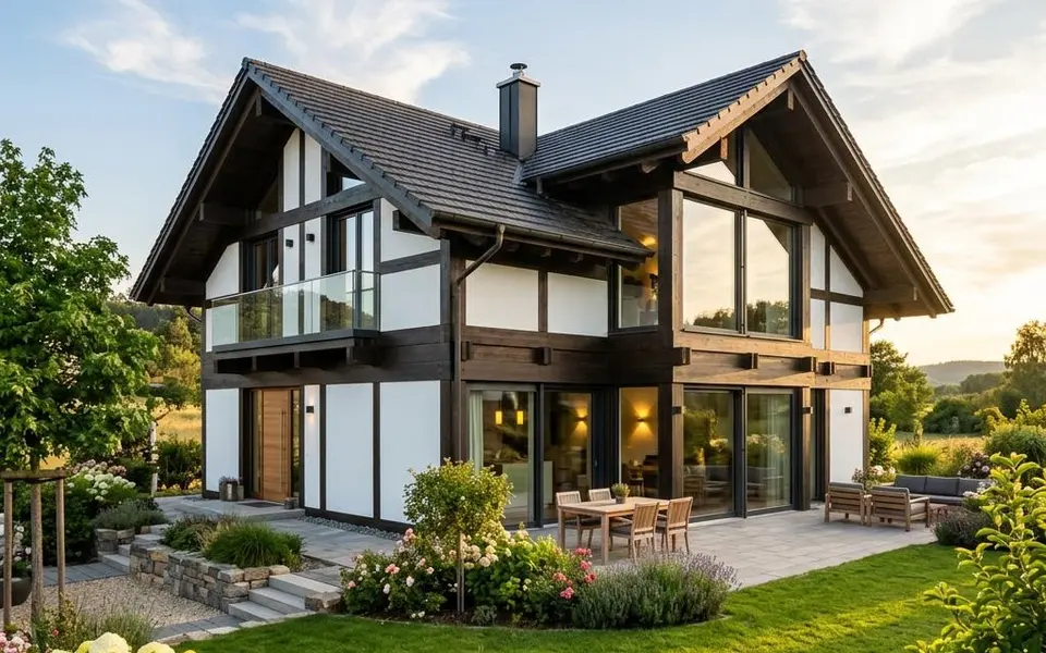 Fertighaus Fachwerkhaus: moderner Neubau mit dunklen Holzbalken, weißen Gefachen und großen Fenstern – Preise 2026 Fertighaus Fachwerkhaus: moderner Neubau mit dunklen Holzbalken, weißen Gefachen und großen Fenstern – Preise 2026
