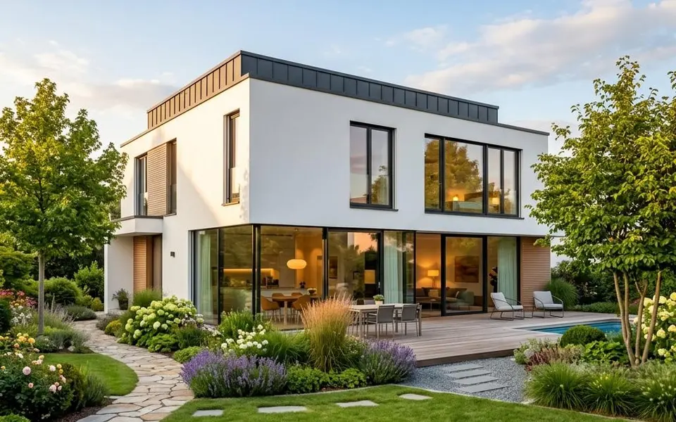 Fertighaus Flachdachhaus im Bauhausstil mit weißen Kuben und großen Glasflächen – Preise 2026 Fertighaus Flachdachhaus im Bauhausstil mit weißen Kuben und großen Glasflächen – Preise 2026