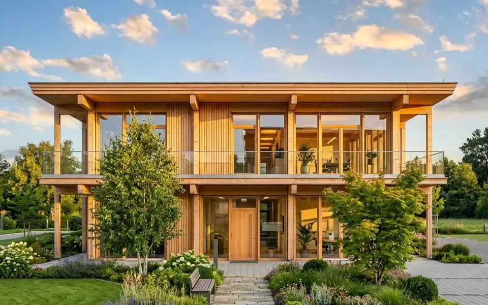 Fertighaus Gewerbebau: zweigeschossiges Bürogebäude in Holz-Hybrid-Bauweise mit Holz-Glas-Fassade – Festpreis 2026