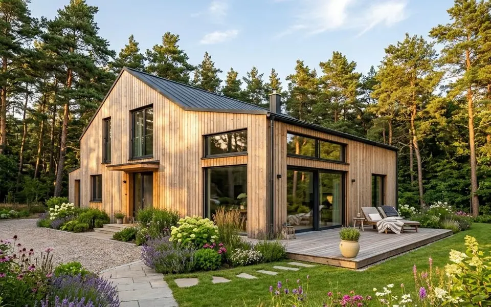 Fertighaus Holzhaus im skandinavischen Stil mit heller Lärchenholzfassade und großen Fenstern zwischen Kiefern – Preise pro m² 2026