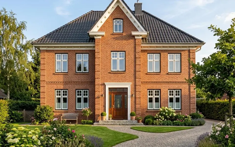 Fertighaus Kapitänshaus mit symmetrischer Klinkerfassade, Zwerchgiebel und Sprossenfenstern – norddeutscher Baustil 2026 Fertighaus Kapitänshaus mit symmetrischer Klinkerfassade, Zwerchgiebel und Sprossenfenstern – norddeutscher Baustil 2026
