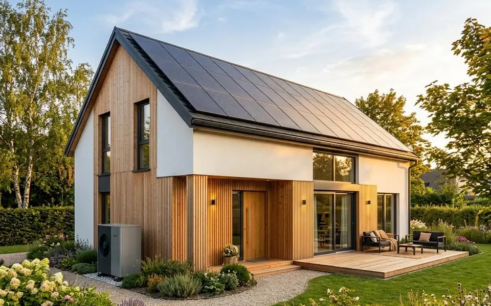 Fertighaus KfW-40-Effizienzhaus mit Photovoltaik-Dach und Wärmepumpe an der Fassade – maximale Förderung 2026