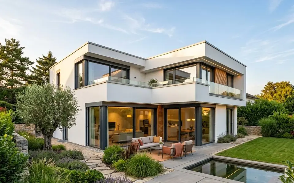 Fertighaus Kubushaus im Bauhausstil mit Flachdach, weißem Putz und bodentiefen Fenstern – kubisch bauen 2026 Fertighaus Kubushaus im Bauhausstil mit Flachdach, weißem Putz und bodentiefen Fenstern – kubisch bauen 2026