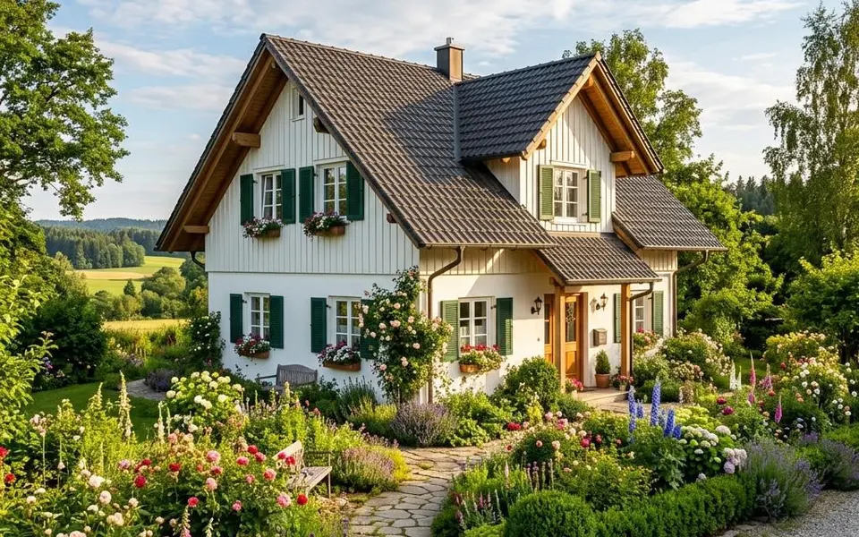 Fertighaus Landhaus mit Satteldach, Sprossenfenstern, Fensterläden und Bauerngarten – Landhausstil-Preise 2026 Fertighaus Landhaus mit Satteldach, Sprossenfenstern, Fensterläden und Bauerngarten – Landhausstil-Preise 2026