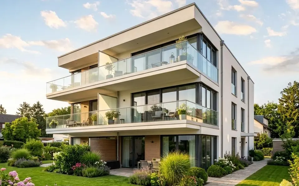 Fertighaus Mehrfamilienhaus: dreigeschossiger Neubau mit Glasbalkonen und heller Putzfassade – Wohnungen als Kapitalanlage 2026