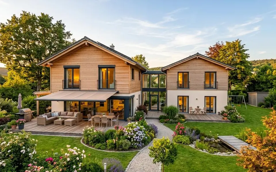 Fertighaus Mehrgenerationenhaus mit zwei verbundenen Baukörpern, Terrassen und großem Familiengarten – Preise 2026 Fertighaus Mehrgenerationenhaus mit zwei verbundenen Baukörpern, Terrassen und großem Familiengarten – Preise 2026