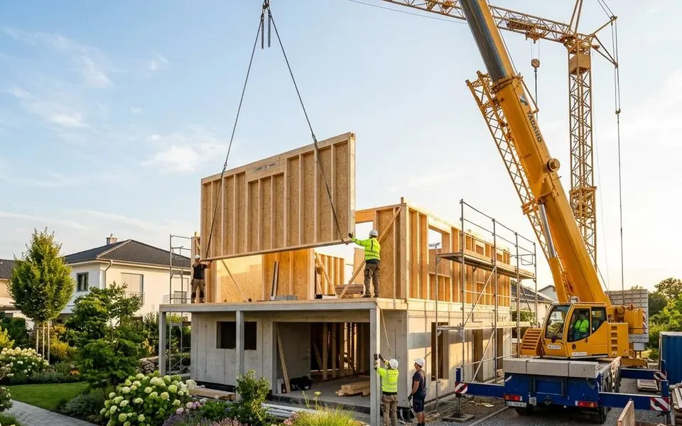Fertighaus Montage: Autokran hebt vorgefertigtes Wandelement auf den Rohbau, Monteure führen es ein – Bauzeit von wenigen Tagen 2026