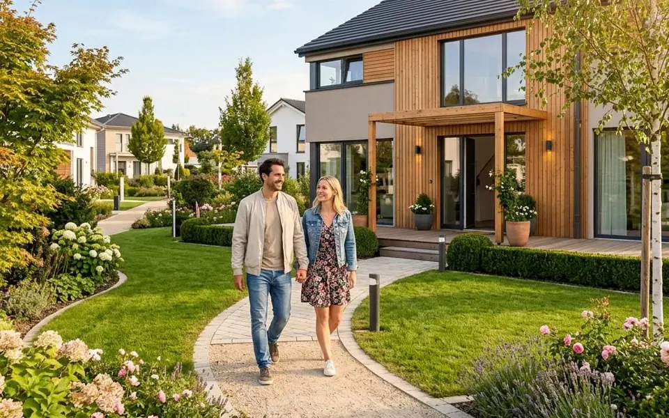 Fertighaus Musterhaus: Paar besucht ein modernes Ausstellungshaus im Musterhauspark – Besichtigung vorbereiten 2026