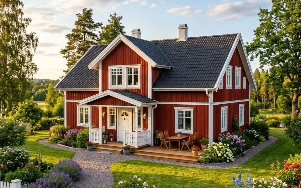 Fertighaus Schwedenhaus in Falunrot mit weißen Sprossenfenstern und Satteldach – skandinavisch bauen 2026 Fertighaus Schwedenhaus in Falunrot mit weißen Sprossenfenstern und Satteldach – skandinavisch bauen 2026