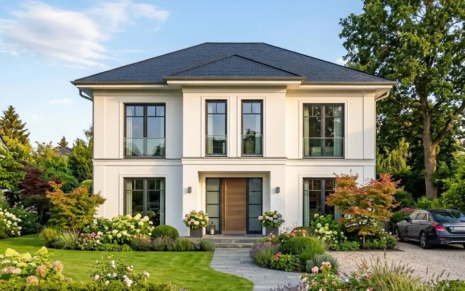 Fertighaus Stadtvilla mit Walmdach, zwei Vollgeschossen und großen Fensterfronten im eleganten Vorgarten – Preise 2026
