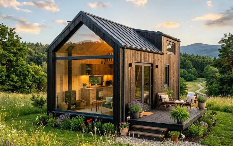 Fertighaus Tiny House mit dunkler Holzfassade, Panoramafenster und Holzterrasse auf der Blumenwiese – Minihaus-Preise 2026