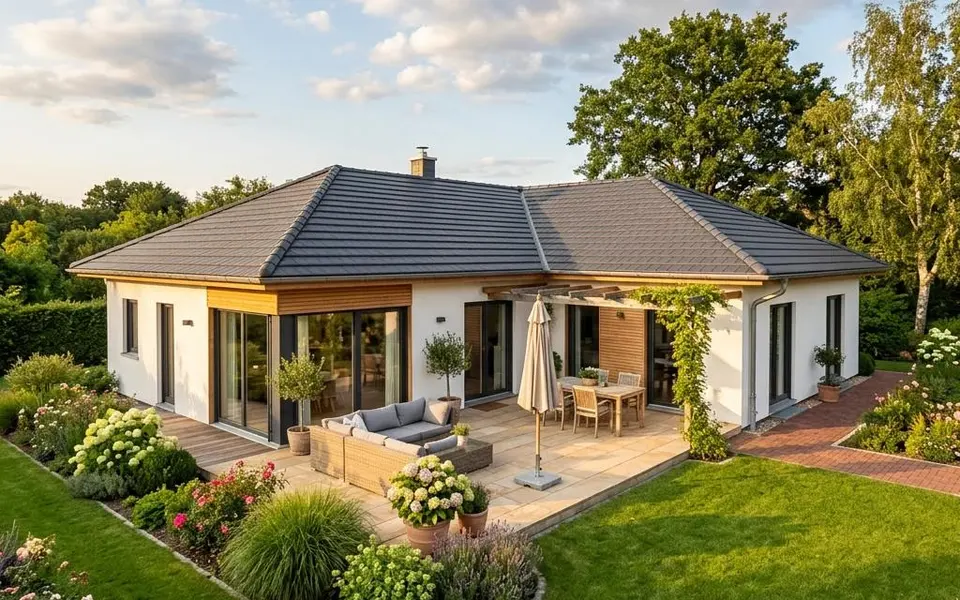 Fertighaus Winkelbungalow in L-Form mit geschützter Sonnenterrasse und Walmdach – ebenerdig bauen 2026 Fertighaus Winkelbungalow in L-Form mit geschützter Sonnenterrasse und Walmdach – ebenerdig bauen 2026