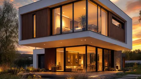 Ultramodernes Architektenhaus als Fertighaus mit Glasfront und Holzfassade in Abendstimmung – Beispiel für individuellen Hausbau