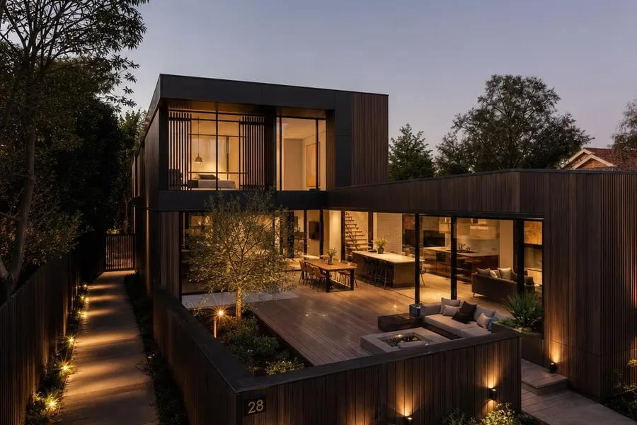 Individuelles Fertighaus nach Maß vom Architekten Individuelles Fertighaus nach Maß: maßgeschneidertes Architektenhaus mit L-förmigem Grundriss, Holzfassade und bodentiefen Fenstern, perfekt auf das schmale Grundstück geplant