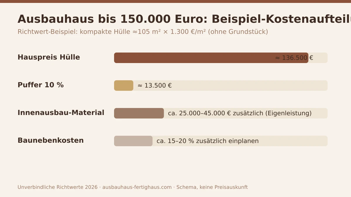 Schema zur Kostenaufteilung bei einem Ausbauhaus unter 150.000 Euro zwischen Hülle, Material und Puffer